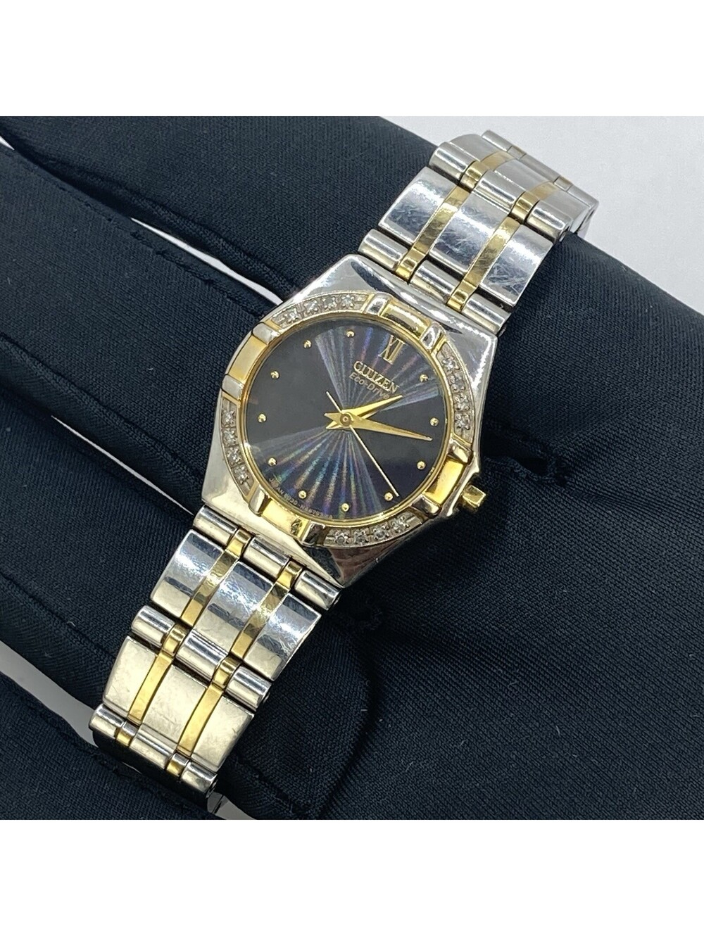 Women Citizen Eco Drive Watch Diamond Bezel Two Tone Solar Iridescent Black Dial